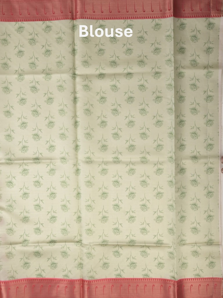 Banaras digital print fancy sarees half white color allover prints & zari border with short pallu and contrast blouse