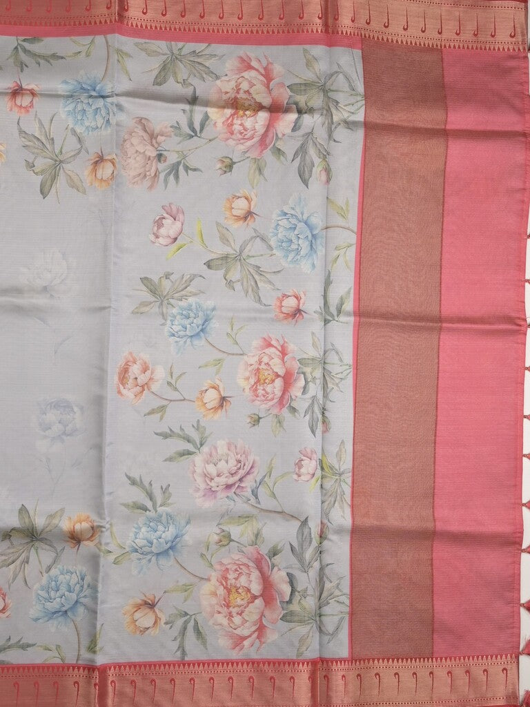 Banaras digital print fancy sarees light lavender color allover prints & zari border with short pallu and contrast blouse