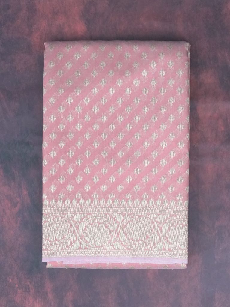 Chanderi fancy saree light pink color with allover small zari motive weaves, small gold zari border, short pallu with attached plain blouse