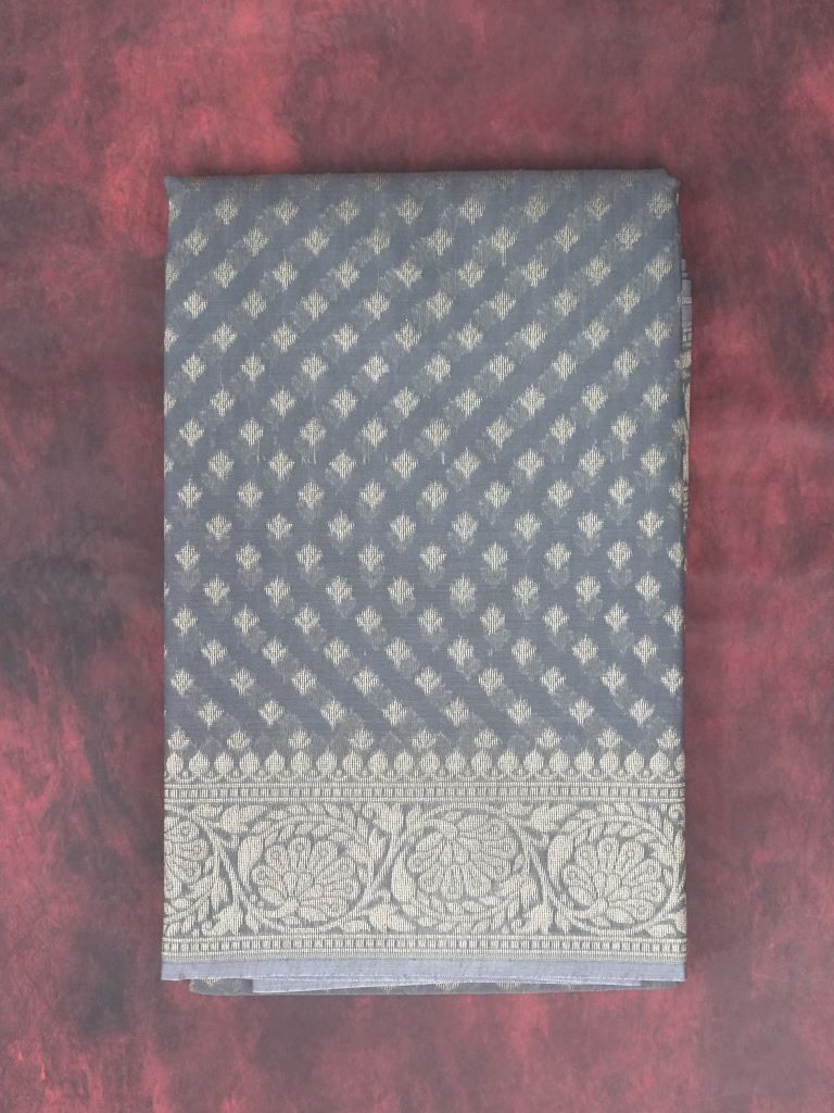 Chanderi fancy saree ash color with allover small zari motive weaves, small gold zari border, short pallu with attached plain blouse