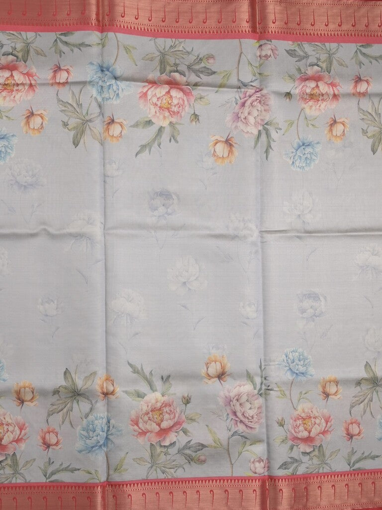 Banaras digital print fancy sarees light lavender color allover prints & zari border with short pallu and contrast blouse