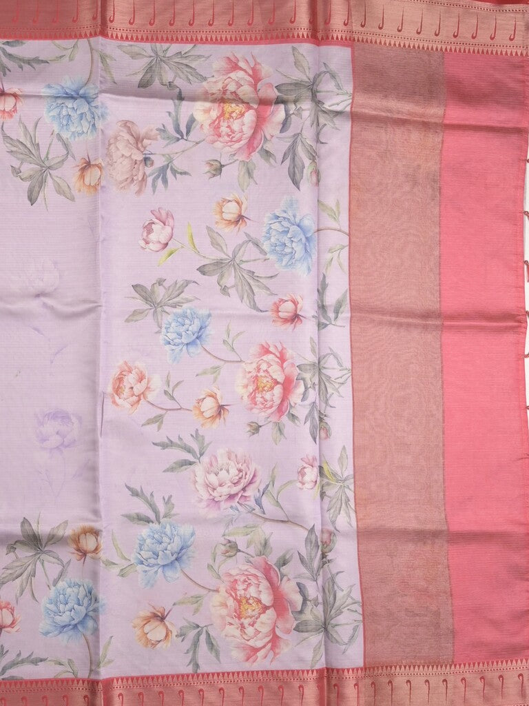 Banaras digital print fancy sarees pastel purple color allover prints & zari border with short pallu and contrast blouse