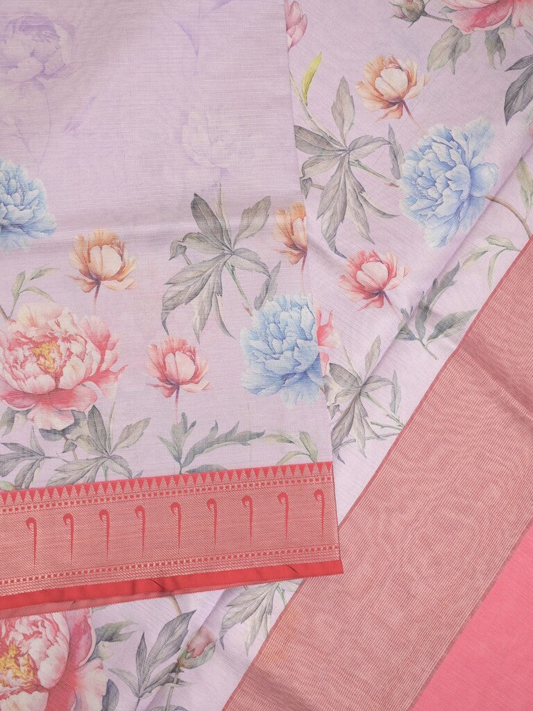 Banaras digital print fancy sarees pastel purple color allover prints & zari border with short pallu and contrast blouse