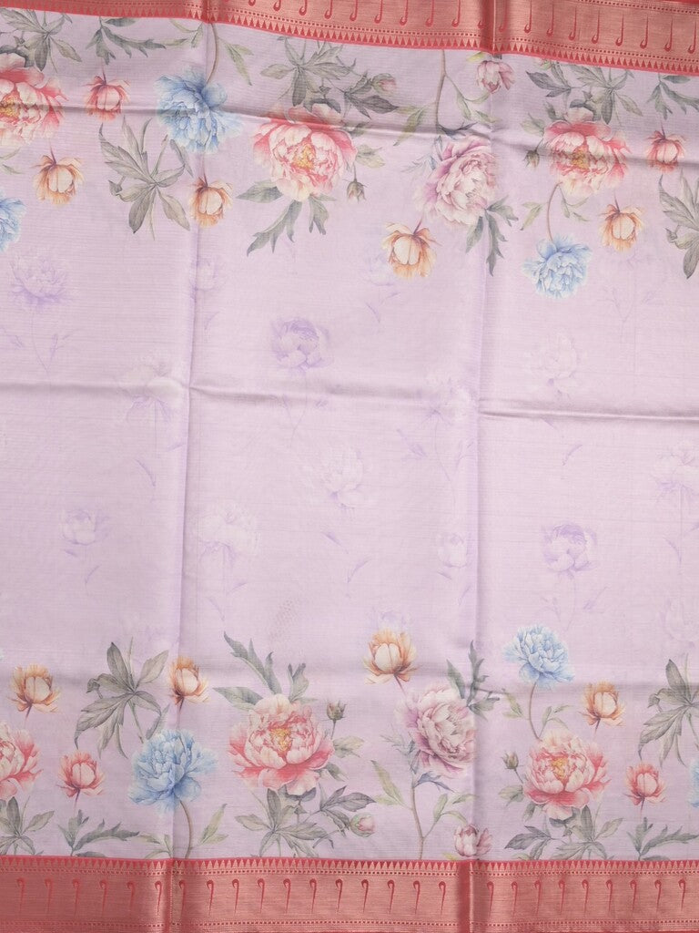 Banaras digital print fancy sarees pastel purple color allover prints & zari border with short pallu and contrast blouse