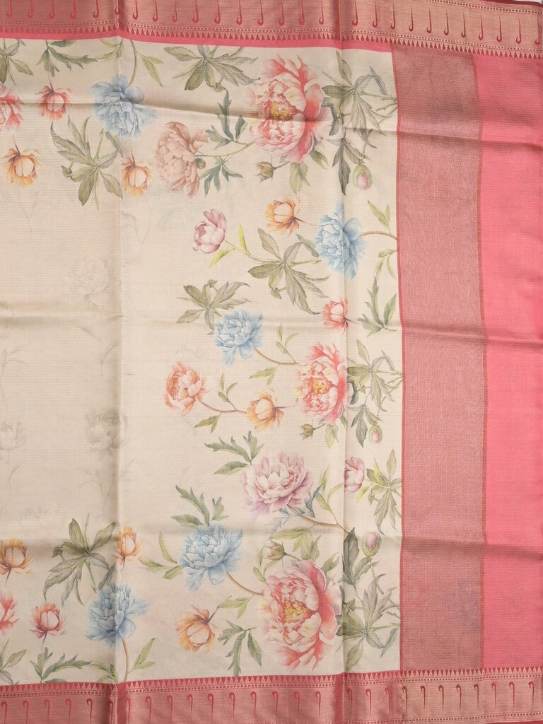 Banaras digital print fancy sarees light cream color allover prints & zari border with short pallu and contrast blouse