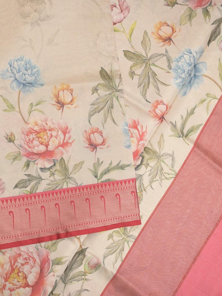 Banaras digital print fancy sarees light cream color allover prints & zari border with short pallu and contrast blouse