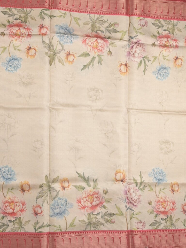 Banaras digital print fancy sarees light cream color allover prints & zari border with short pallu and contrast blouse