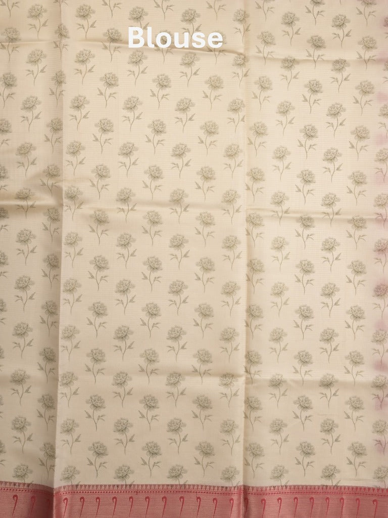 Banaras digital print fancy sarees light cream color allover prints & zari border with short pallu and contrast blouse