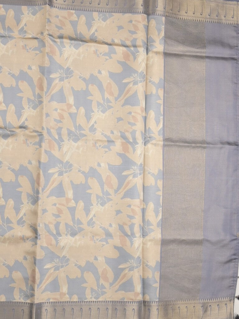 Banaras digital print fancy sarees half white color allover prints & zari border with short pallu and contrast blouse