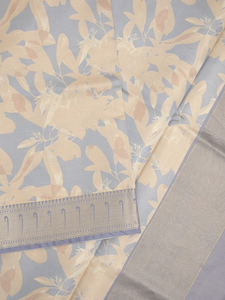 Banaras digital print fancy sarees half white color allover prints & zari border with short pallu and contrast blouse