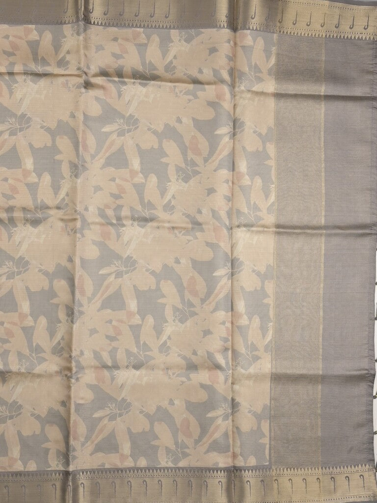 Banaras digital print fancy sarees half white color allover prints & zari border with short pallu and contrast blouse