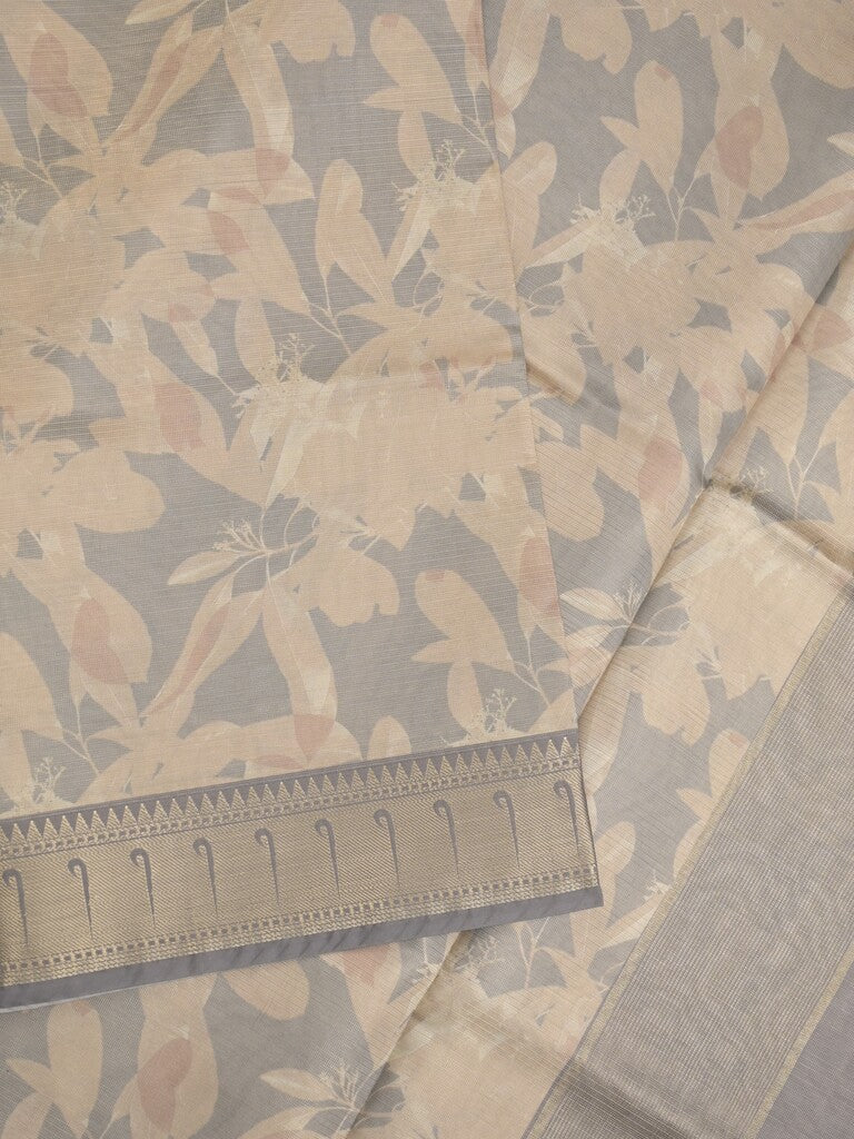 Banaras digital print fancy sarees half white color allover prints & zari border with short pallu and contrast blouse