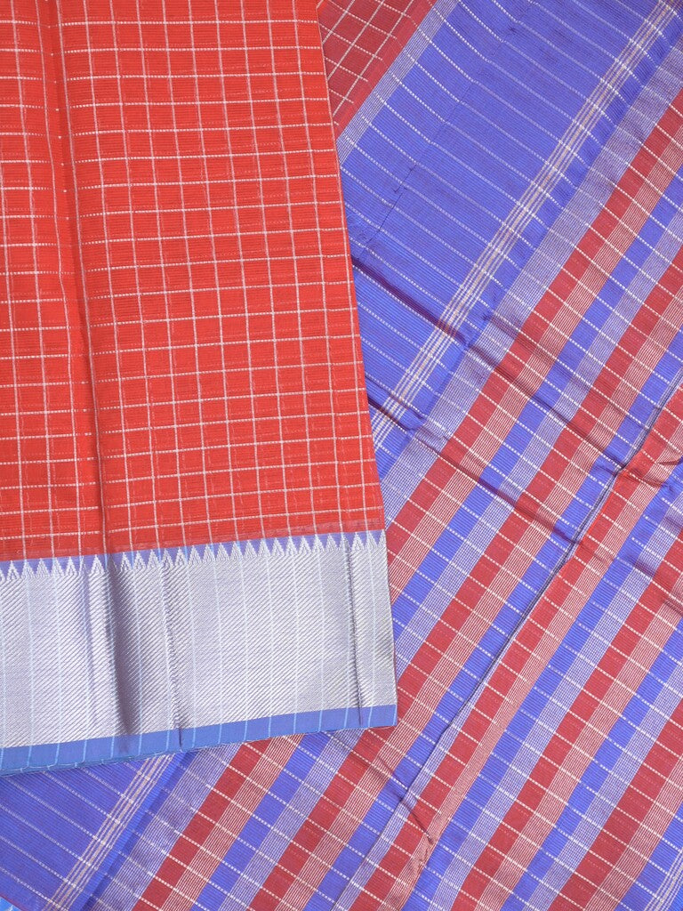 Mangalagiri fancy saree red color allover zari checks & kaddi border with contrast pallu and plain blouse