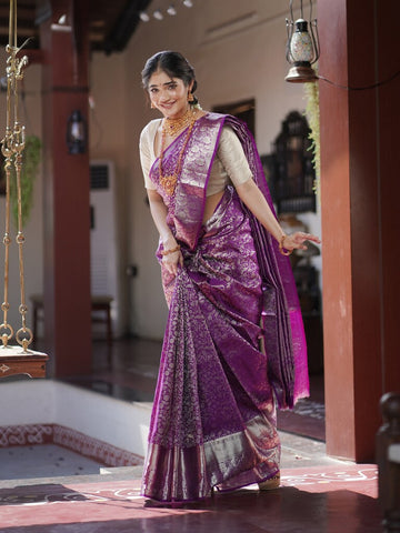 Kanchi pattu saree purple color allover zari weaves & zari border with rich pallu and attached blouse