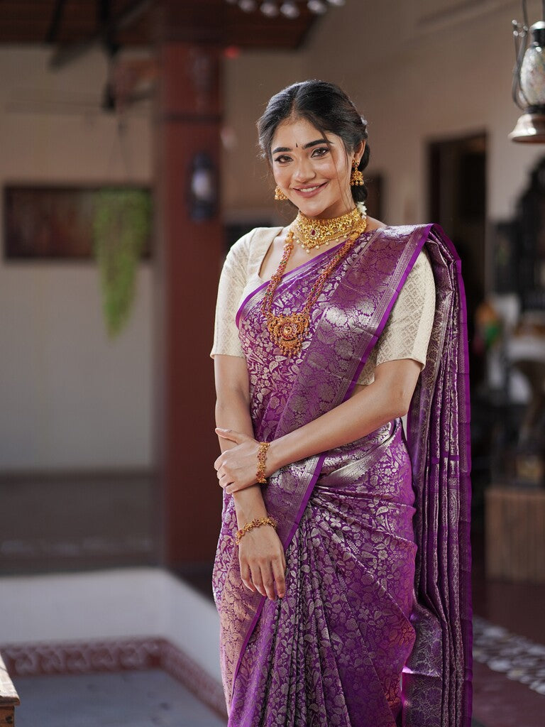 Kanchi pattu saree purple color allover zari weaves & zari border with rich pallu and attached blouse