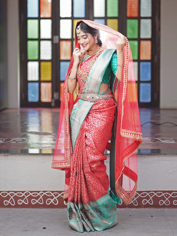 Bridal kanchi pattu saree red color allover zari weaves & zari border with rich contrast pallu and attached blouse