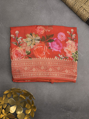 Dola silk fancy saree red color allover prints & zari border with printed pallu and attached blouse