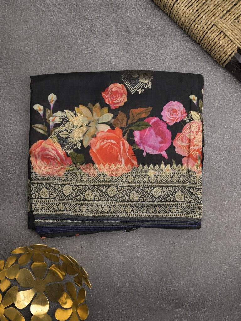 Dola silk fancy saree black color allover prints & zari border with printed pallu and attached blouse