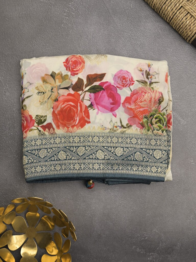 Dola silk fancy saree white color allover prints & zari border with printed pallu and attached blouse