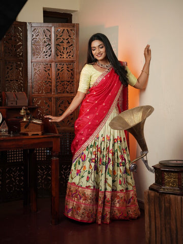 Cream color banaras paithani lehenga set with dupatta