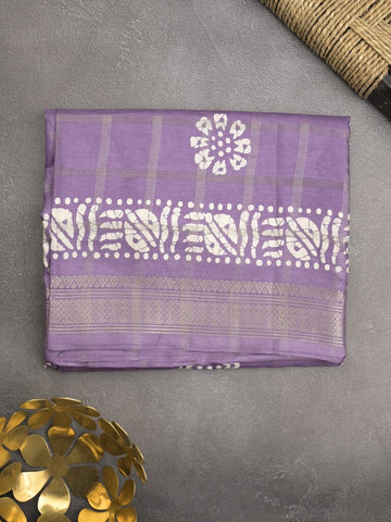 Dola silk fancy saree lavender color allover prints & zari border with printed pallu and attached blouse