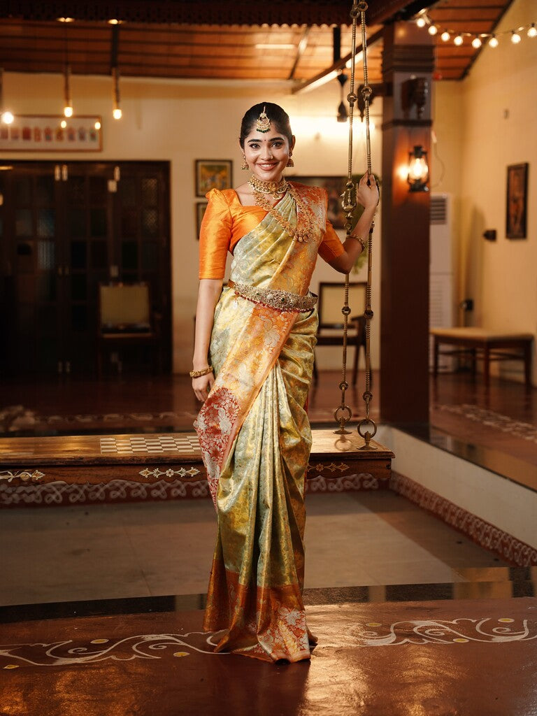 Bridal kanchi pattu saree cream color allover zari weaves & zari border with rich pallu and attached blouse