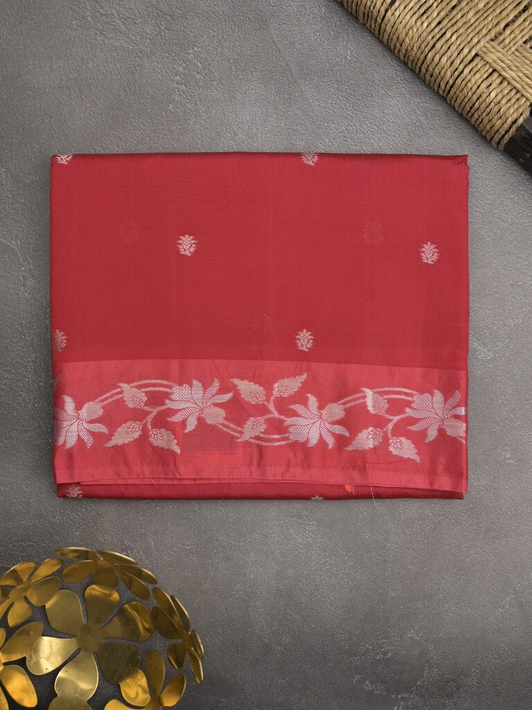 Raw mango fancy saree cherry red color allover zari motifs & zari border with rich pallu and attached blouse