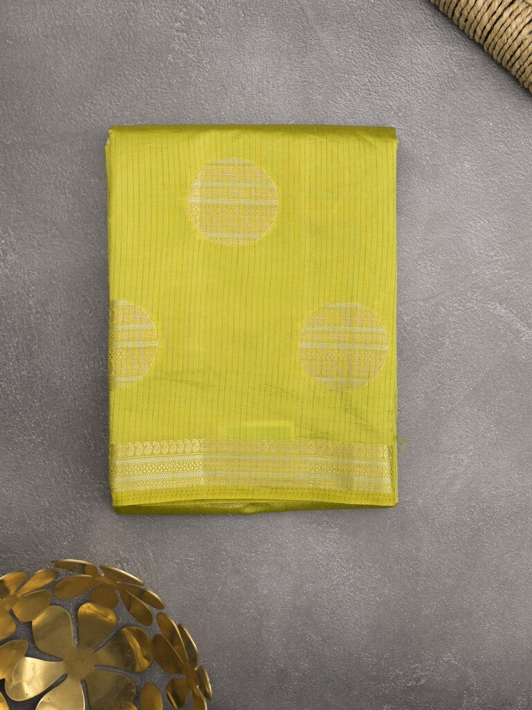 Dupion fancy saree parrot green color allover zari weaves & zari border with short pallu and attached blouse