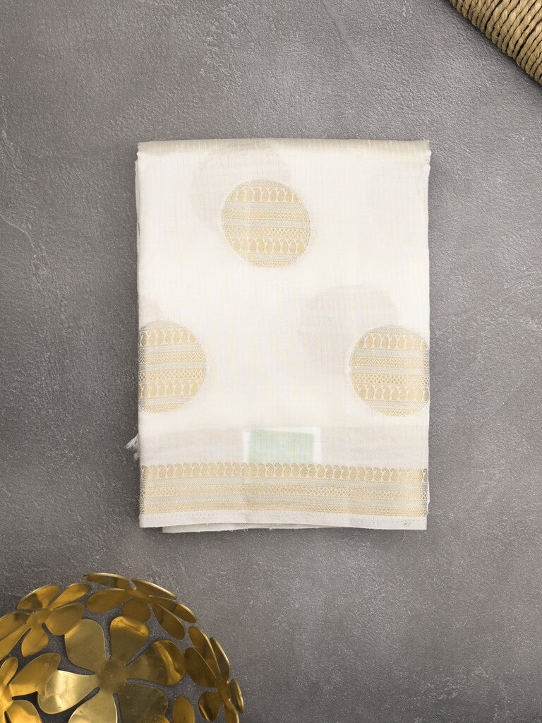 Dupion fancy saree white color allover zari weaves & zari border with short pallu and attached blouse