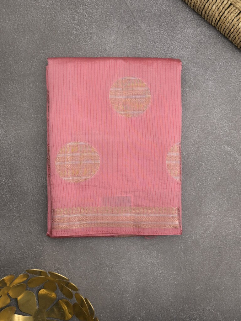 Dupion fancy saree baby pink color allover zari weaves & zari border with short pallu and attached blouse
