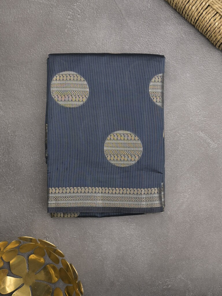 Dupion fancy saree navy blue color allover zari weaves & zari border with short pallu and attached blouse