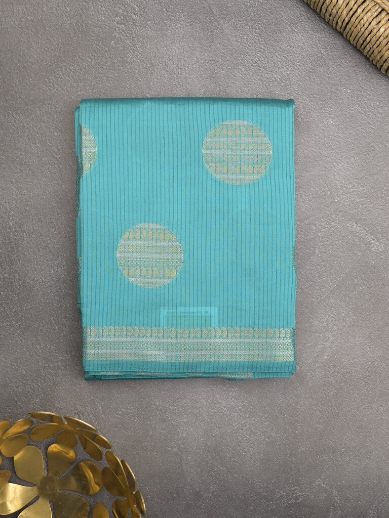 Dupion fancy saree sky blue color allover zari weaves & zari border with short pallu and attached blouse