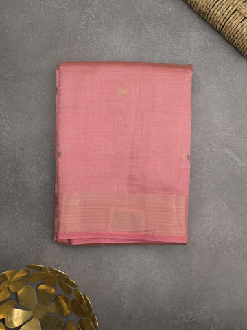 Dupion fancy saree baby pink color allover zari motifs & zari border with short pallu and attached blouse