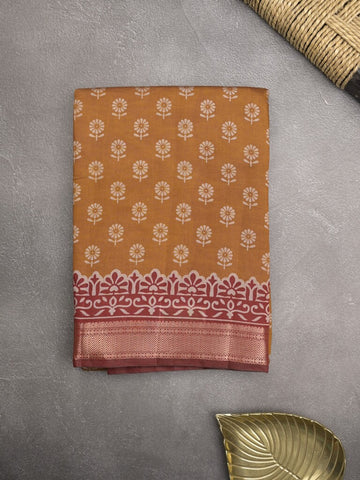 Maheshwari fancy saree mustard yellow color allover prints & zari border with printed pallu and plain blouse