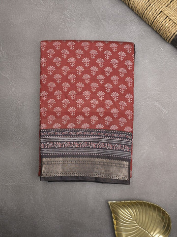 Maheshwari fancy saree red color allover prints & zari border with printed pallu and plain blouse
