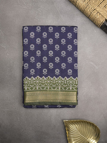 Maheshwari fancy saree navy blue color allover prints & zari border with printed pallu and plain blouse