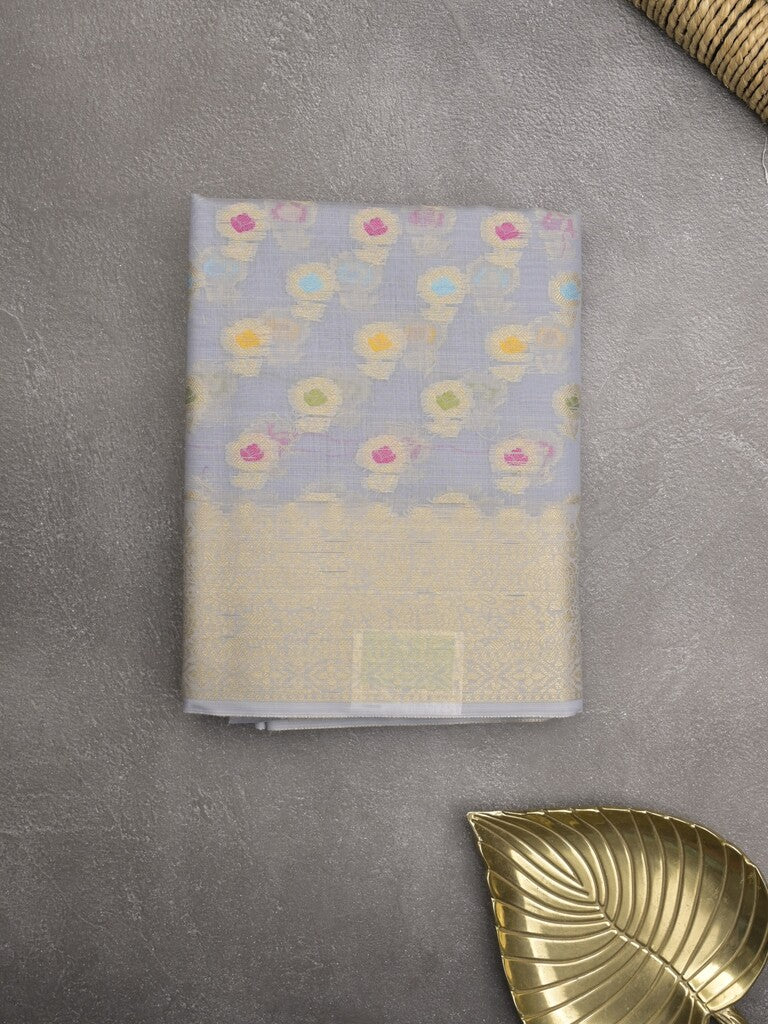 Chanderi fancy saree bluish grey color allover weaves & zari border with short pallu and brocade blouse