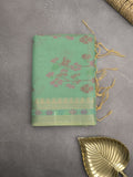 Chanderi fancy saree lux green color allover weaves & zari border with short pallu and attached self blouse