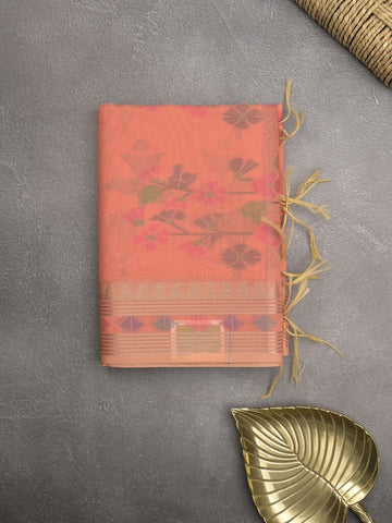 Chanderi fancy saree peach color allover weaves & zari border with short pallu and attached self blouse
