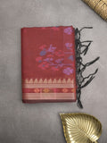 Chanderi fancy saree maroon color allover weaves & zari border with short pallu and attached self blouse
