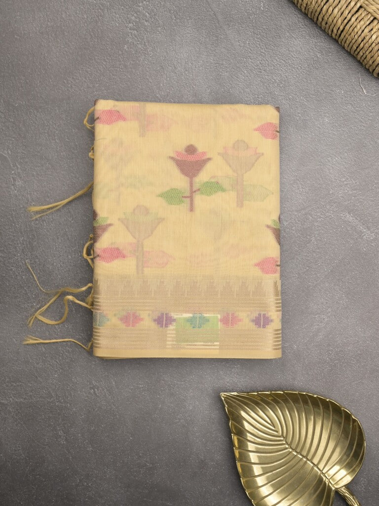 Chanderi fancy saree cream color allover weaves & zari border with short pallu and attached self blouse