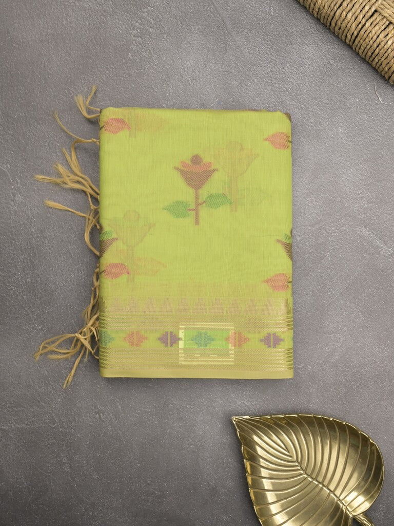 Chanderi fancy saree parrot green color allover weaves & zari border with short pallu and attached self blouse