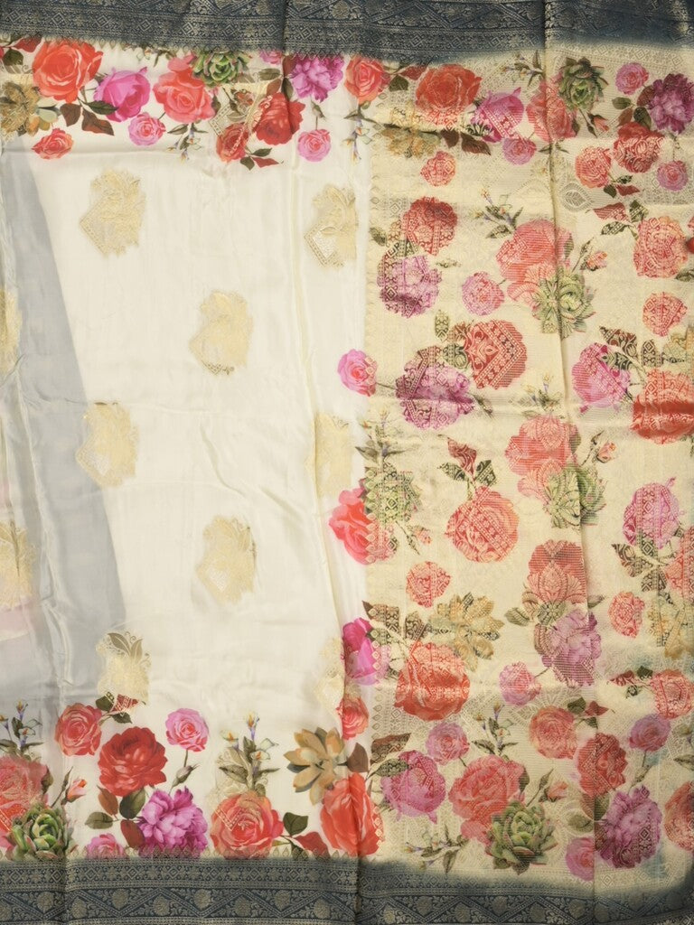 Dola silk fancy saree white color allover prints & zari border with printed pallu and attached blouse