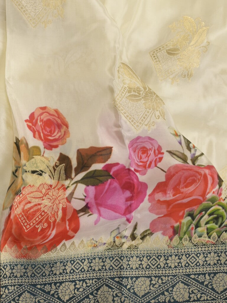 Dola silk fancy saree white color allover prints & zari border with printed pallu and attached blouse