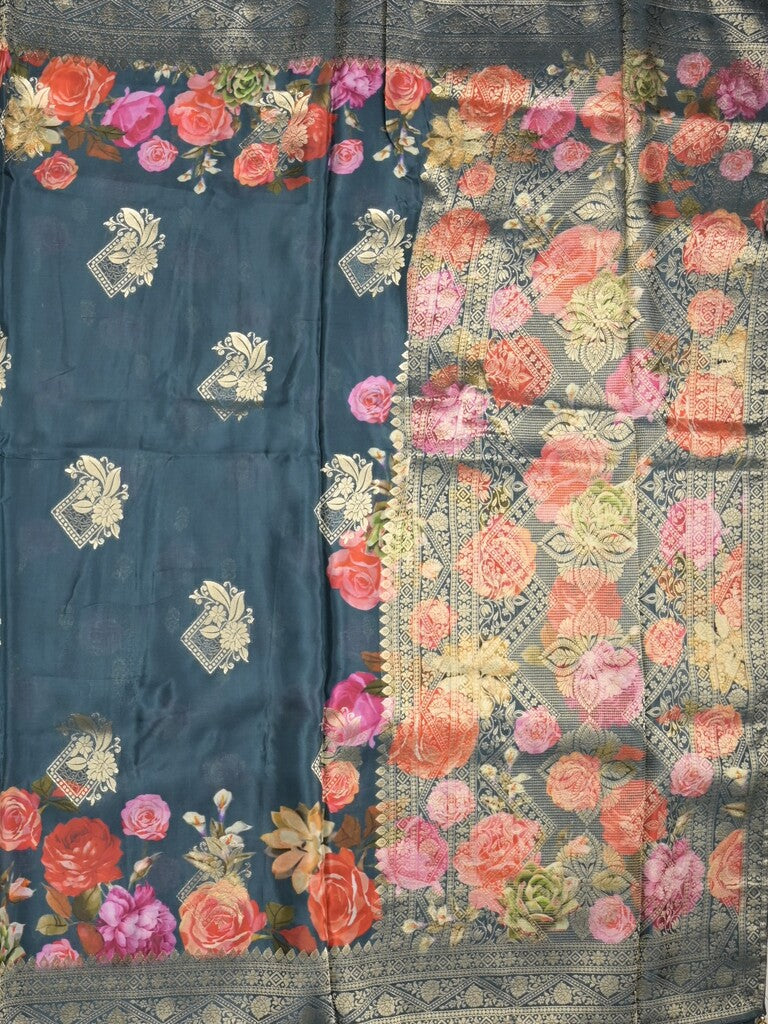 Dola silk fancy saree navy blue color allover prints & zari border with printed pallu and attached blouse