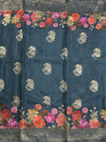 Dola silk fancy saree navy blue color allover prints & zari border with printed pallu and attached blouse