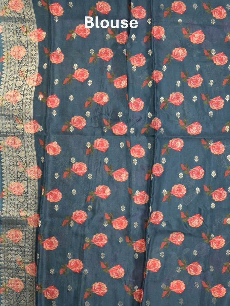 Dola silk fancy saree navy blue color allover prints & zari border with printed pallu and attached blouse