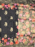 Dola silk fancy saree black color allover prints & zari border with printed pallu and attached blouse