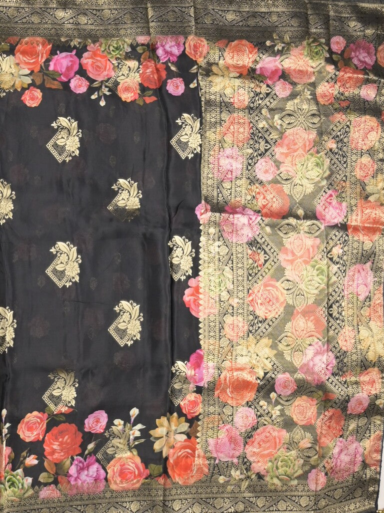 Dola silk fancy saree black color allover prints & zari border with printed pallu and attached blouse