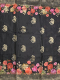 Dola silk fancy saree black color allover prints & zari border with printed pallu and attached blouse